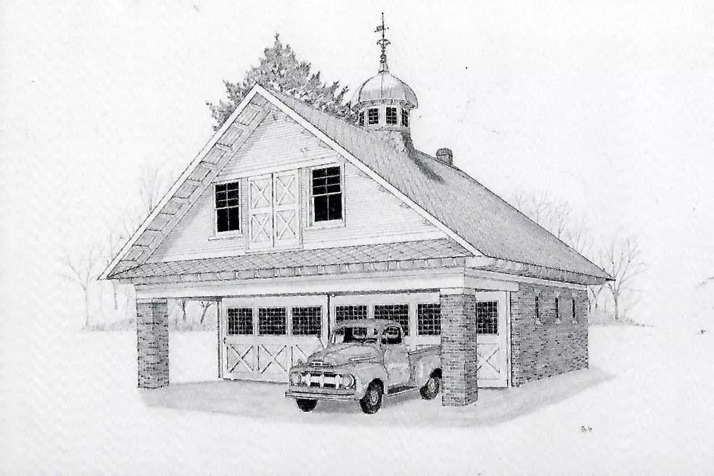 Drawing of a home with a parked truck in its garage