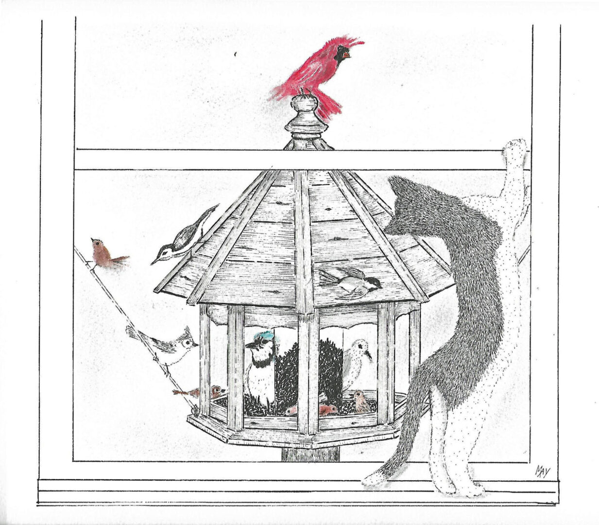 Drawing of a cat watching a bird house through a window